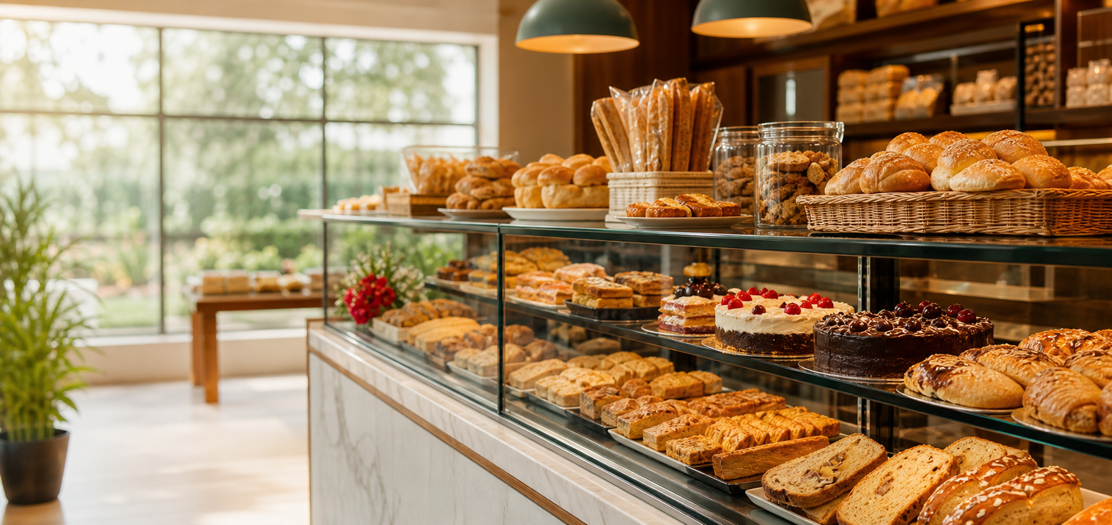 Fresh bakery counter with cakes, breads, and pastries